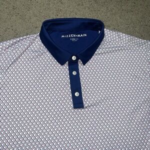 Mizzen+Main Men's Blue White Geometric Polo Shirt XL Short Sleeve Button Logo